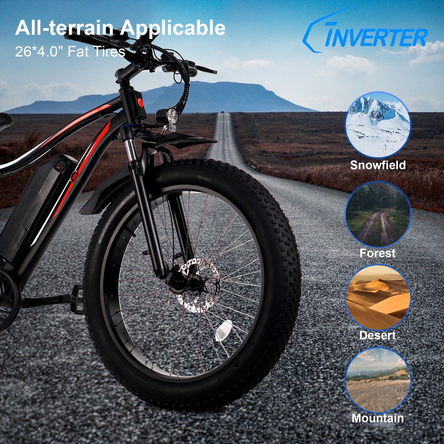 www.cinverter.comPremium TAURUS Long Range All-terrain Fat Tires Snow Electric Bike 26" Cruiser Rovemavable Battery